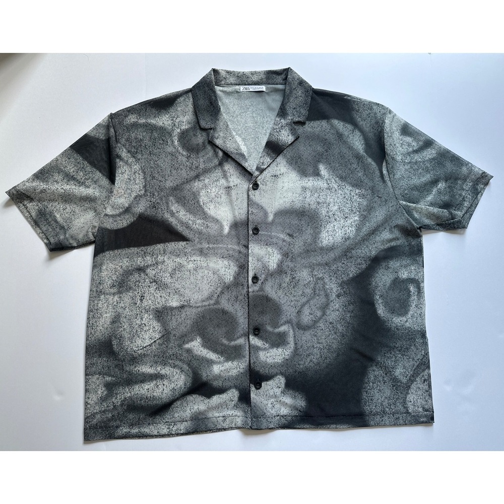 ZARA Men XL Abstract Print Camp Collar Button Up Shirt Gray Black Portugal EUC